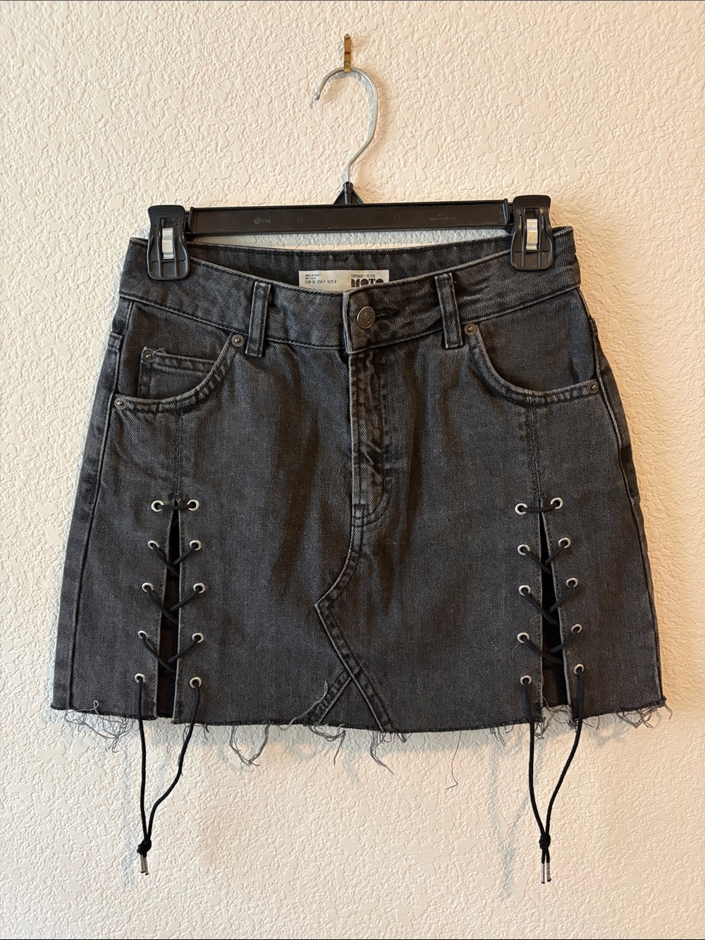 Topshop PETITE Black Denim Mini Skirt with Lace-Up Detail